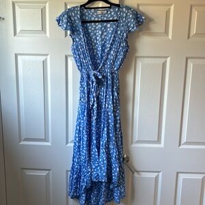 Tie front blue and white polka dot high low summer dress